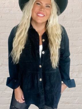 BLAKELEY Black cotton Corduroy peplum Raw hem button front Shirt Jacket Size L